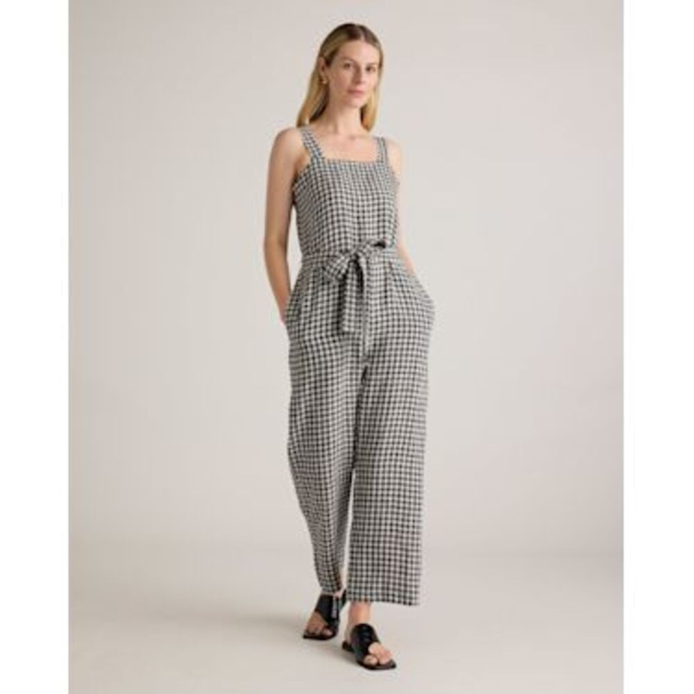 Gingham Wide-Leg Jumpsuit with Tie Waist - Black/White